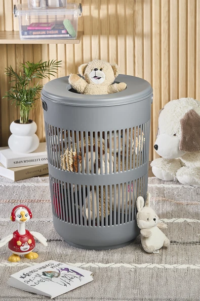 İronika Solara Dekoratif Kirli Çamaşır Sepeti Oyuncak Sepeti 60 Litre - Gri