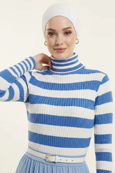 Çizgili Balıkçı Yaka Detaylı Triko Kazak Mavi ürün görseli 1