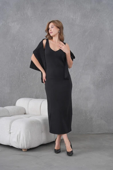 IŞŞIL 8600-Örgü Üst Askılı V Yaka  OverSize Triko Elbise