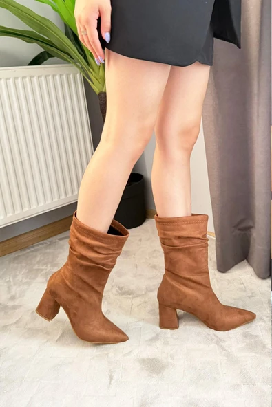 Kadın Nomire Taba Süet Büzgülü Sivri Burun Kalın Topuklu Bot - 2