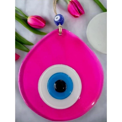 Mavi Nazar Boncuklu Pembe Renk Nazar Boncuklu Damla Desen El Yapımı Duvar Süsü - 2