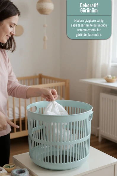 İronika Solara İkili Dekoratif Kirli Çamaşır Sepeti Seti Oyuncak Sepeti 60 - 22 Litre Yeşil - 5