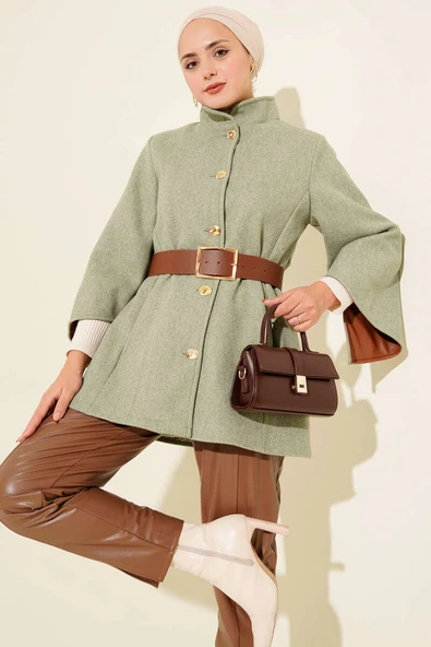 Gold Düğmeli Kaşe Panço Çağla Yeşili