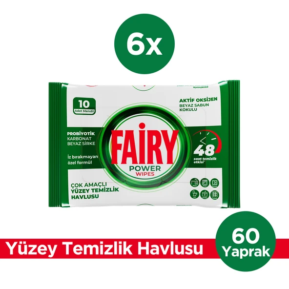Fairy Yüzey Temizleme Mendili Beyaz Sabun 10 Yaprak 6 Adet | Beyaz Sirke Karbonat - Resim 3