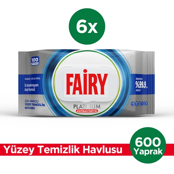 Fairy Platinum Antibakteriyel Yüzey Temizlik Havlusu 100 Yaprak 6 Adet | Beyaz Sirke & Karbonat