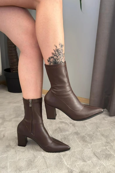 Kadın Volga Kahverengi Fermuarlı 8 cm Kalın Topuklu Strec Bot - 2