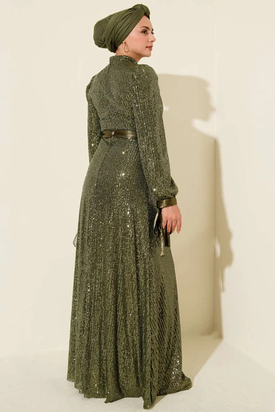 Kol Bağcıklı Pul Payet Abiye Elbise Haki - Resim 3