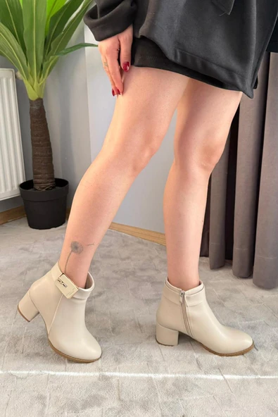Kadın Mabel Krem Deri  Tokalı ( 6 cm ) Topuklu Oval Burun Bot - 3