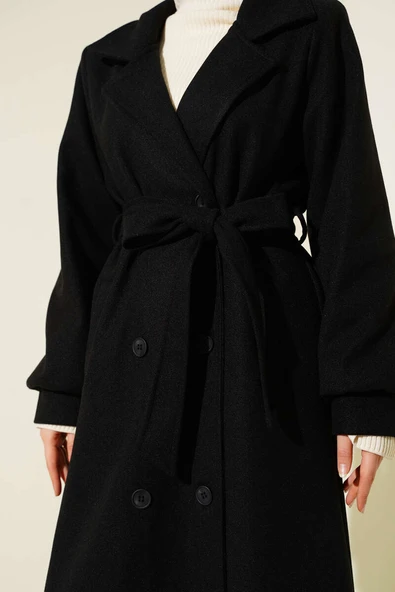 Düğmeli Kuşak Detaylı Kaşe Kaban Siyah - Resim 4