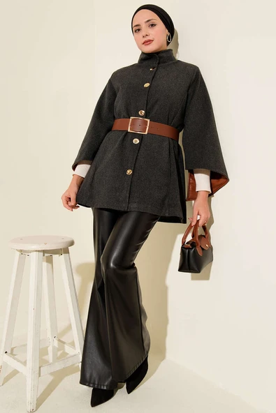 Gold Düğmeli Kaşe Panço Füme