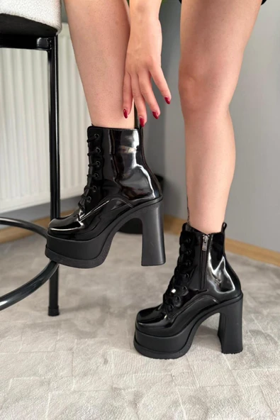 Kadın Simya Siyah Rugan Bağcıklı Detaylı 12 cm Platform Topuklu Fermuarlı Bot - 3