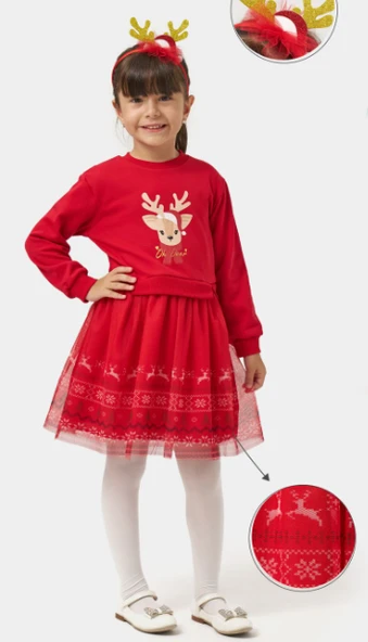 Kız Çocuk Oh Deer Tüllü Baskılı Yılbaşı Elbisesi NBK-24909 - Resim 4