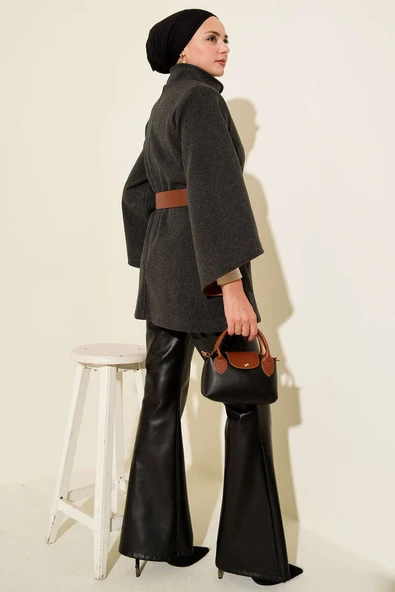 Gold Düğmeli Kaşe Panço Füme - 3