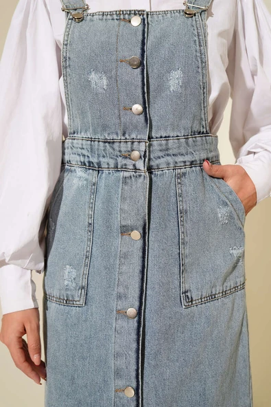 Çift Cepli Kot Askılı Slopet Açık Mavi - Resim 4