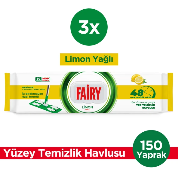 Fairy Power Wipes Mop Uyumlu Yer Temizlik Havlusu 50 Yaprak |Limon Yağlı | 3 Adet - Resim 3