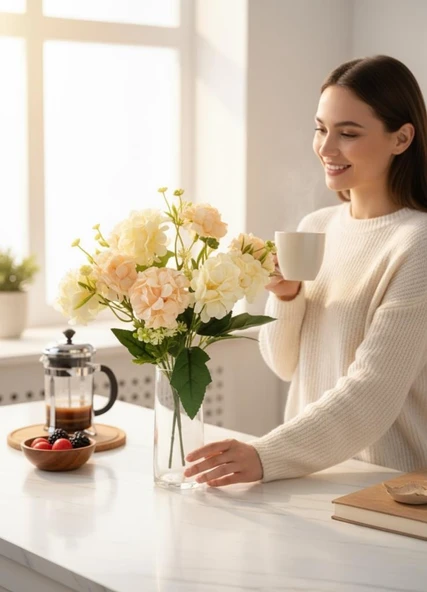 Yapay Çiçek Kartopu Krizantem Yavruağzı 5Dallı 10toplu Demet 30cm - Resim 7