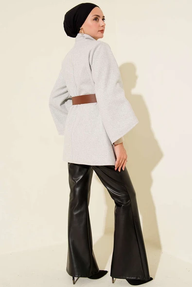 Gold Düğmeli Kaşe Panço Melanj Gri - 3