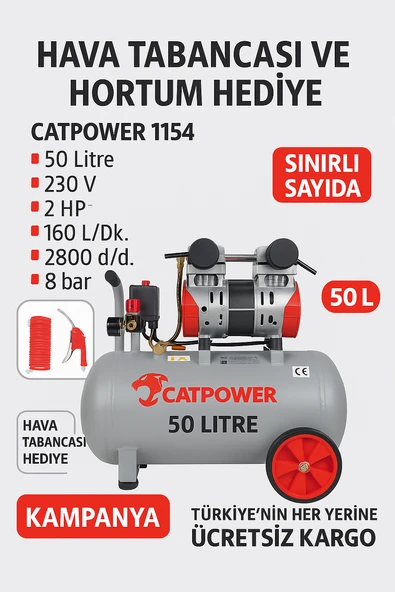 Catpower 1154 Sessiz ve Yağsız Kompresör – 50 Litre