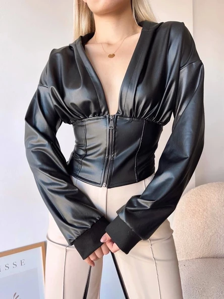 BİÇOMİ Kapşonlu yarım fermuarlı ceket siyah h24116 ürün görseli