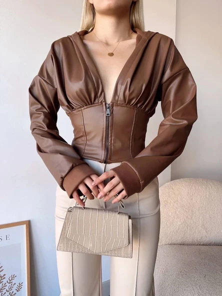 BİÇOMİ Kapşonlu yarım fermuarlı ceket kahve h24116 - Resim 5