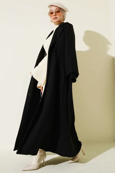 Düğmeli Kuşak Detaylı Kaşe Kaban Siyah ürün görseli 1