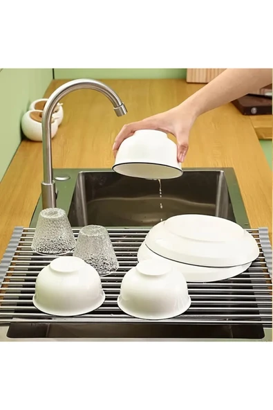 NACTUMU Paslanmaz Çelik Katlanabilir Mutfak Yer Tasarrufu Sağlayan Evye Üstü Raf, Tabak Tencere Kurutma Rafı - Resim 4