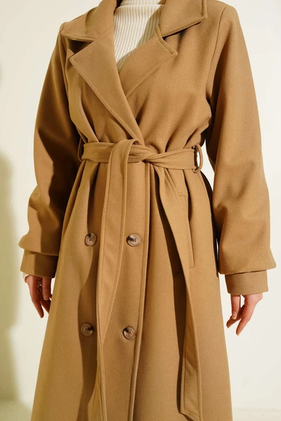 Düğmeli Kuşak Detaylı Kaşe Kaban Latte - Resim 4