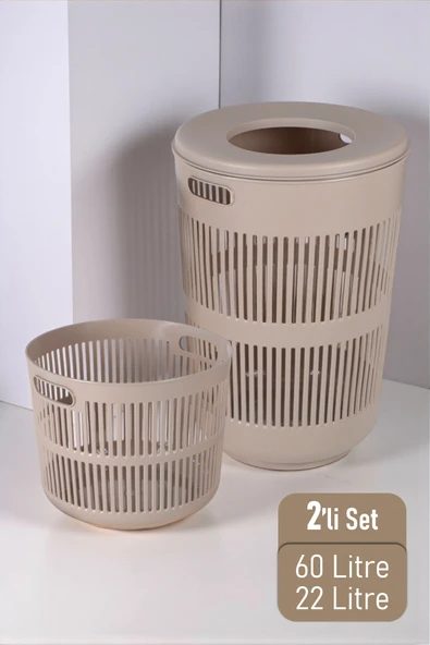 İronika Solara İkili Dekoratif Kirli Çamaşır Sepeti Seti Oyuncak Sepeti 60 - 22 Litre Kahve