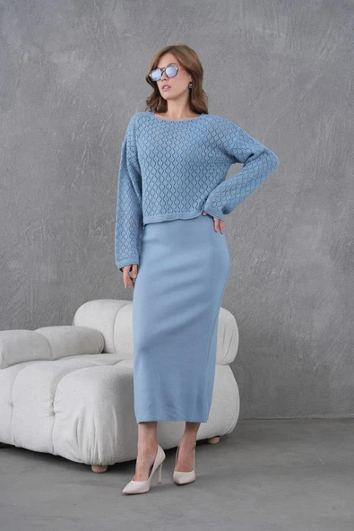 IŞŞIL 8600-Örgü Üst Askılı V Yaka  OverSize Triko Elbise - 4