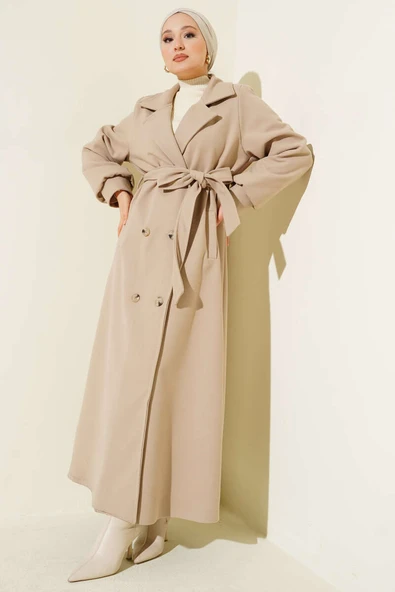 Düğmeli Kuşak Detaylı Kaşe Kaban Bej ürün görseli 1