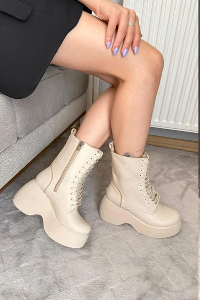 Kadın Riva Bej Cilt Yandan Fermuarlı Bağcıklı Yüksek Dolgu Topuklu Uzun Bot Bootie - 2