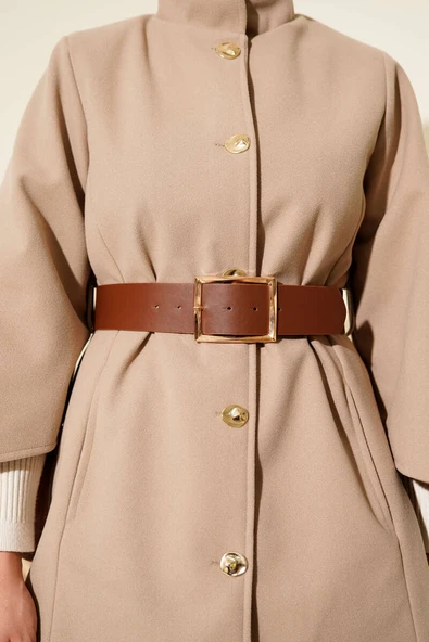 Gold Düğmeli Kaşe Panço Camel - 4