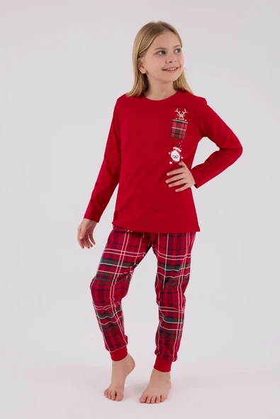 Arnetta Garson Kız Çocuk Aile %100 Pamuklu 4 Mevsim New Year Uzun Kollu Pijama Takım - Resim 5