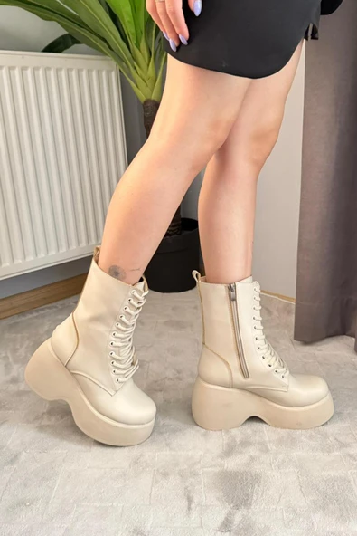 Kadın Riva Bej Cilt Yandan Fermuarlı Bağcıklı Yüksek Dolgu Topuklu Uzun Bot Bootie