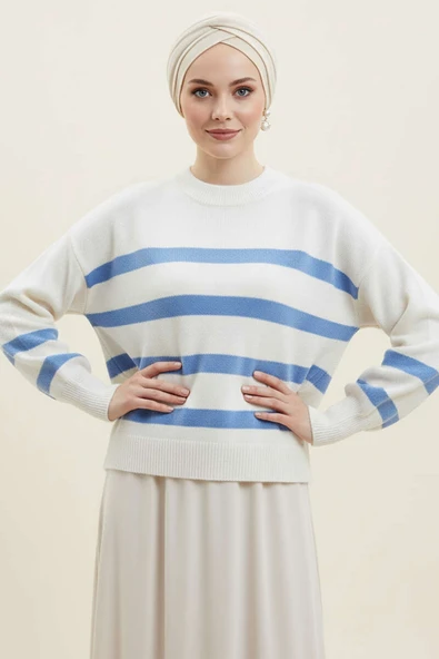 Çizgili Yumoş Triko Kazak Mavi ürün görseli