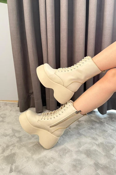 Kadın Riva Bej Cilt Yandan Fermuarlı Bağcıklı Yüksek Dolgu Topuklu Uzun Bot Bootie - 4