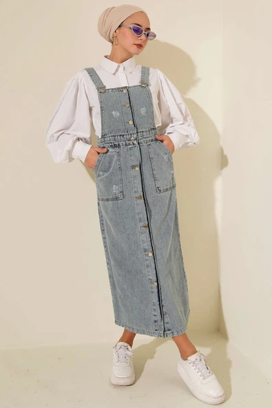 Çift Cepli Kot Askılı Slopet Açık Mavi - Resim 2