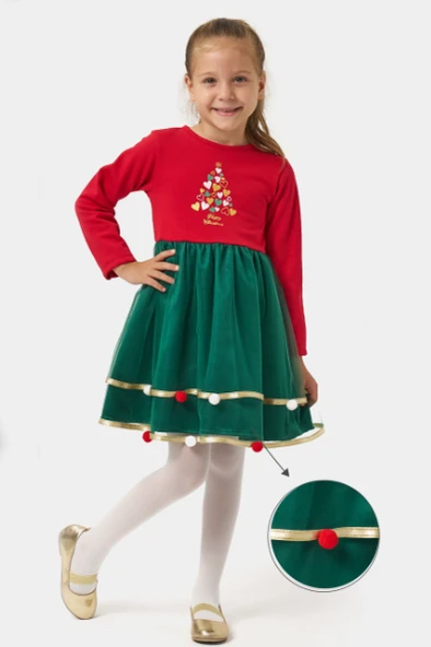 Kız Çocuk Eteği Saten Detaylı Ponponlu Yılbaşı Elbisesi  NBK-24907 ürün görseli