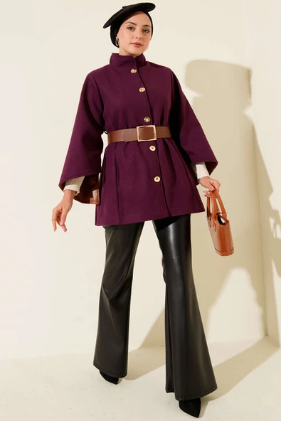 Gold Düğmeli Kaşe Panço Mor - 2