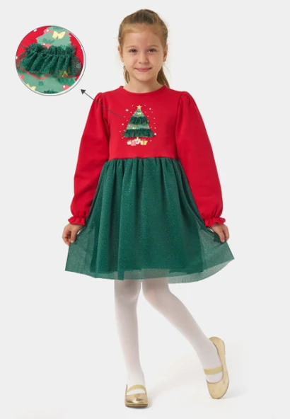 Kız Çocuk Simli Tüllü Ağaçlı Yılbaşı Elbisesi NBK-24906 ürün görseli