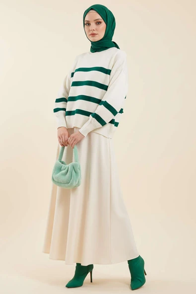 Çizgili Yumoş Triko Kazak Zümrüt - Resim 2