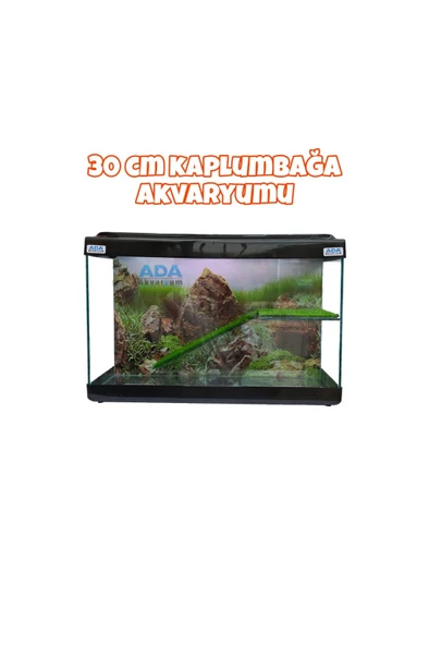 Ada Akvaryum Su Kaplumbağası Akvaryumu Bahçeli Rampalı Dinlenme  30x23x15 Cm  Arka Plan Hediyeli - 2