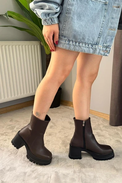 Kadın Pita Kahverengi ( 8 cm ) Platfom Topuklu Fermuarlı Bot - 5