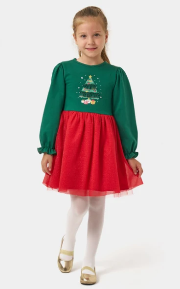 Kız Çocuk Simli Tüllü Ağaçlı Yılbaşı Elbisesi NBK-24906 - Resim 8