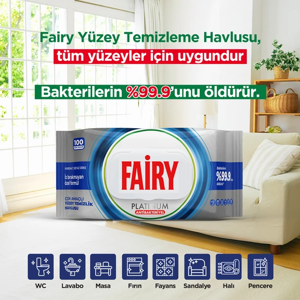 Fairy Platinum Antibakteriyel Yüzey Temizlik Havlusu 100 Yaprak 3 Adet | Beyaz Sirke & Karbonat - Resim 3