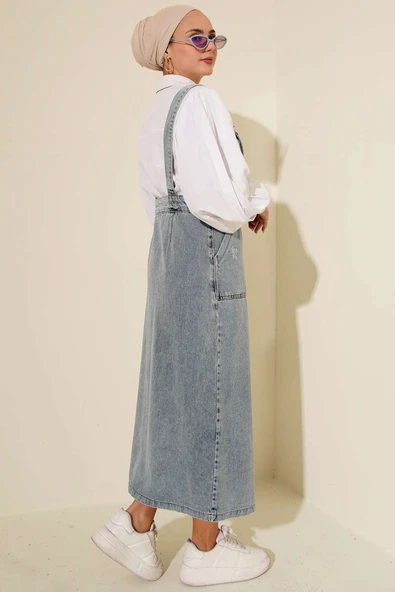 Çift Cepli Kot Askılı Slopet Açık Mavi - Resim 3