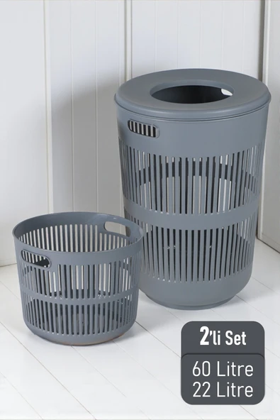 İronika Solara İkili Dekoratif Kirli Çamaşır Sepeti Seti Oyuncak Sepeti 60 - 22 Litre Gri