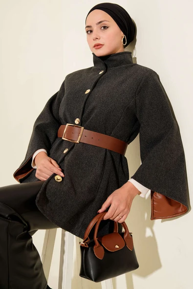 Gold Düğmeli Kaşe Panço Füme - 2