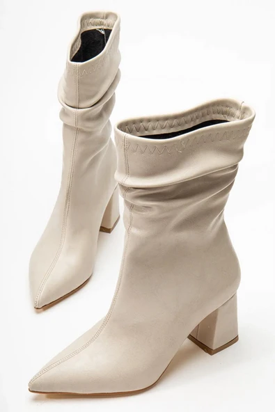 Kadın Nomire Bej Deri Büzgülü Sivri Burun Kalın Topuklu Bot - Resim 3