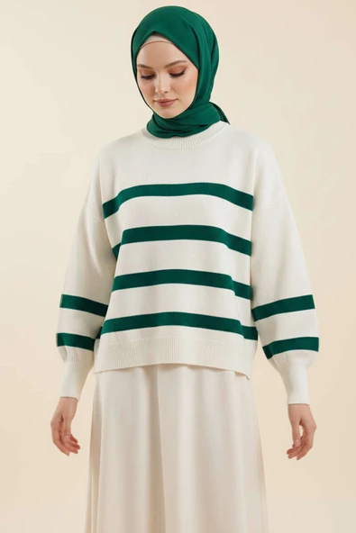 Çizgili Yumoş Triko Kazak Zümrüt ürün görseli